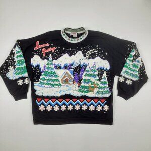 Vintage 90s Black Ugly Christmas Sweatshirt Puff Print Seasons Greetings sz L